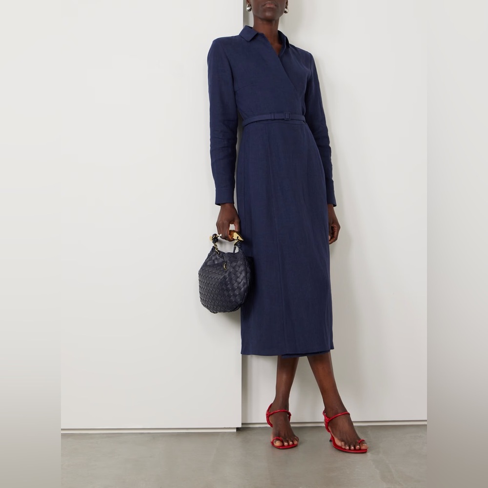 NWT Ralph Lauren Collection Aniyah Belted Linen Midi Wrap Dress Size 4 Navy - Picture 2 of 15